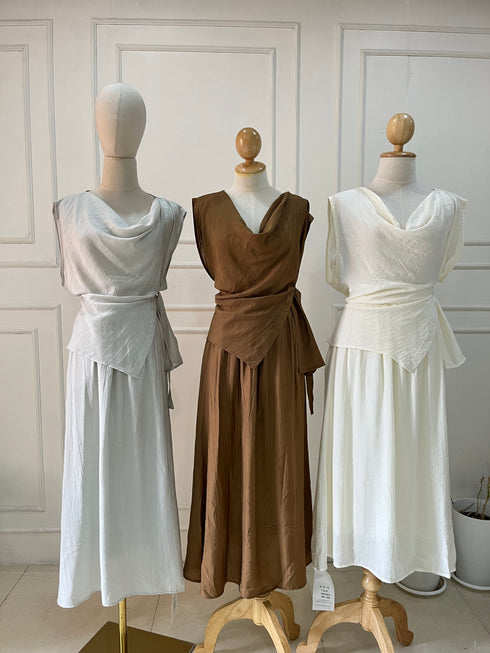 Women Summer Flowy Flare Skirts With Cowls Neck Loose Tops Sets